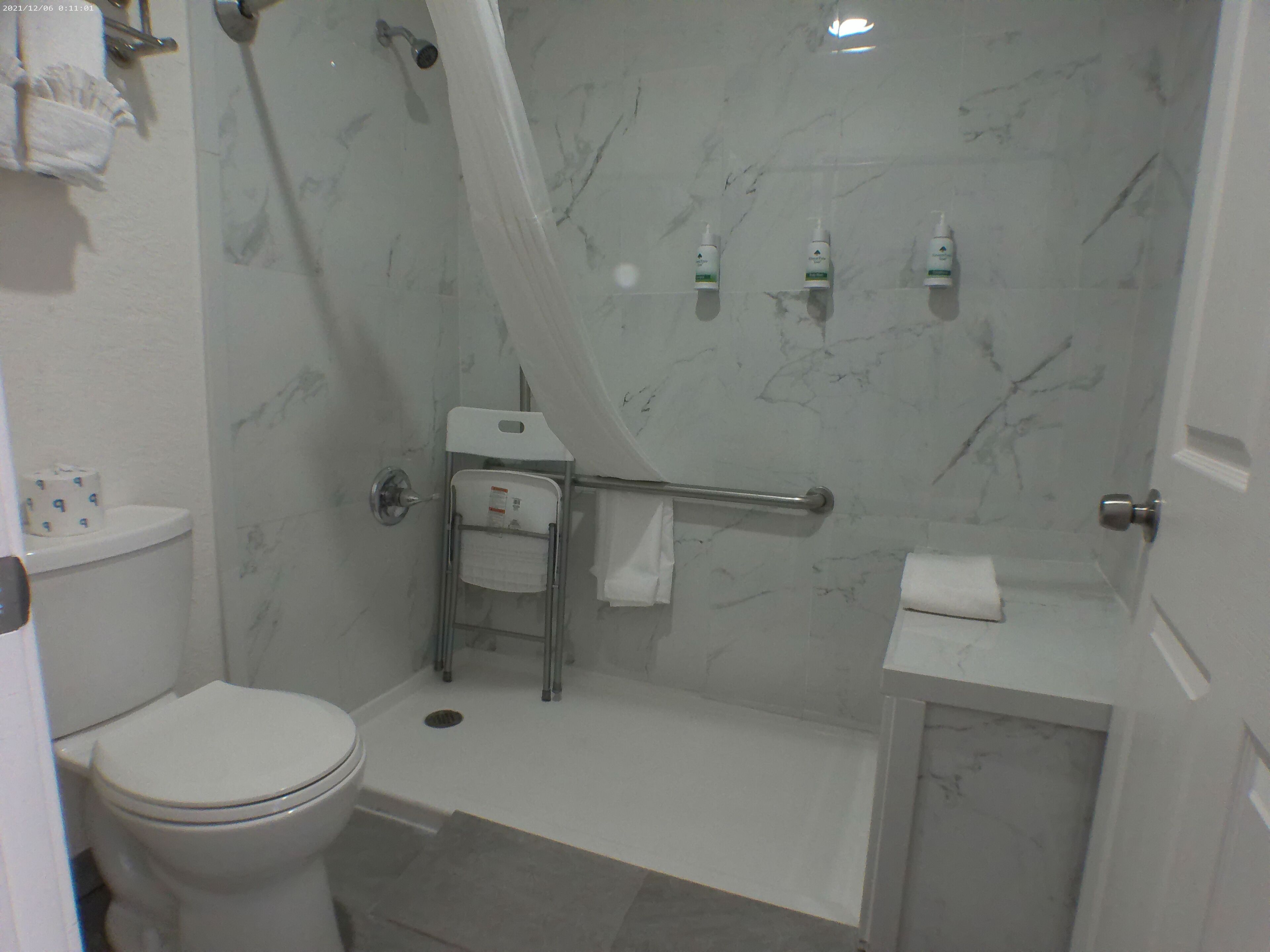 Une salle de bain comprenant des toilettes, une douche avec une porte en verre et un lavabo équipé de produits de toilette.