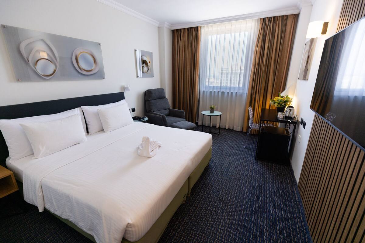A hotel room with a large bed, a desk with a chair, a small table with a plant, and a TV.