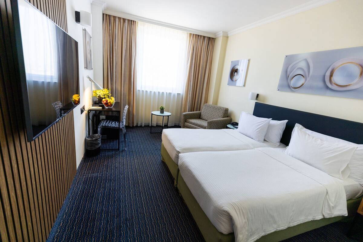 A hotel room with two beds, a TV, a desk with a chair, a small table with a plant, and a window with curtains.