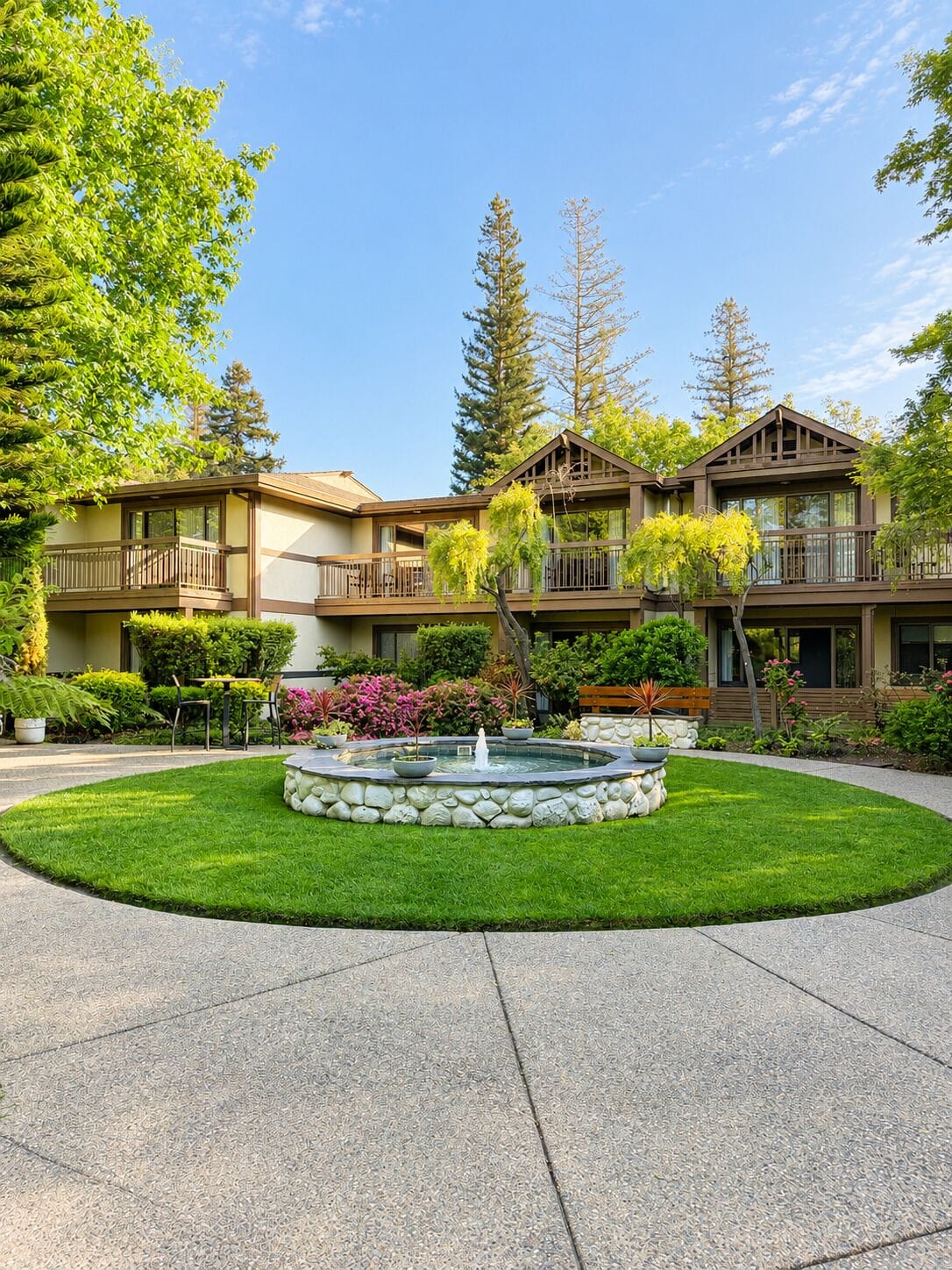 A multi-story building with balconies, a central fountain, and surrounding greenery.