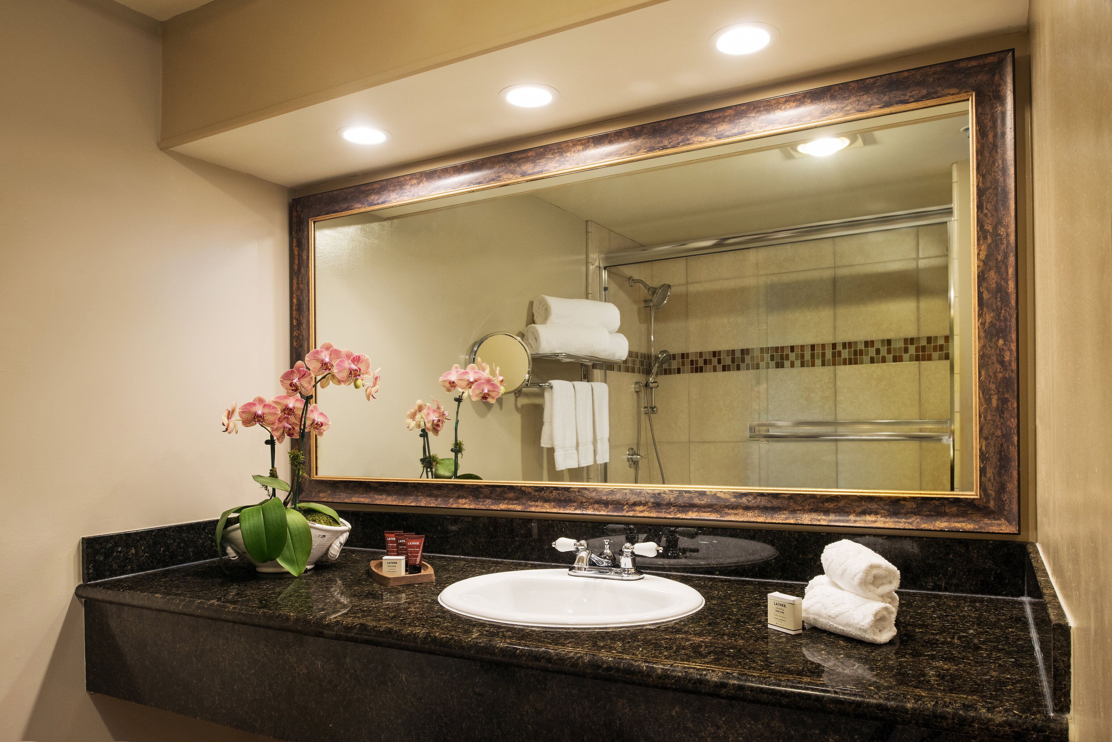 standard suite, 1 king bed | bathroom | combined shower/bathtub, rainfall showerhead, free toiletries