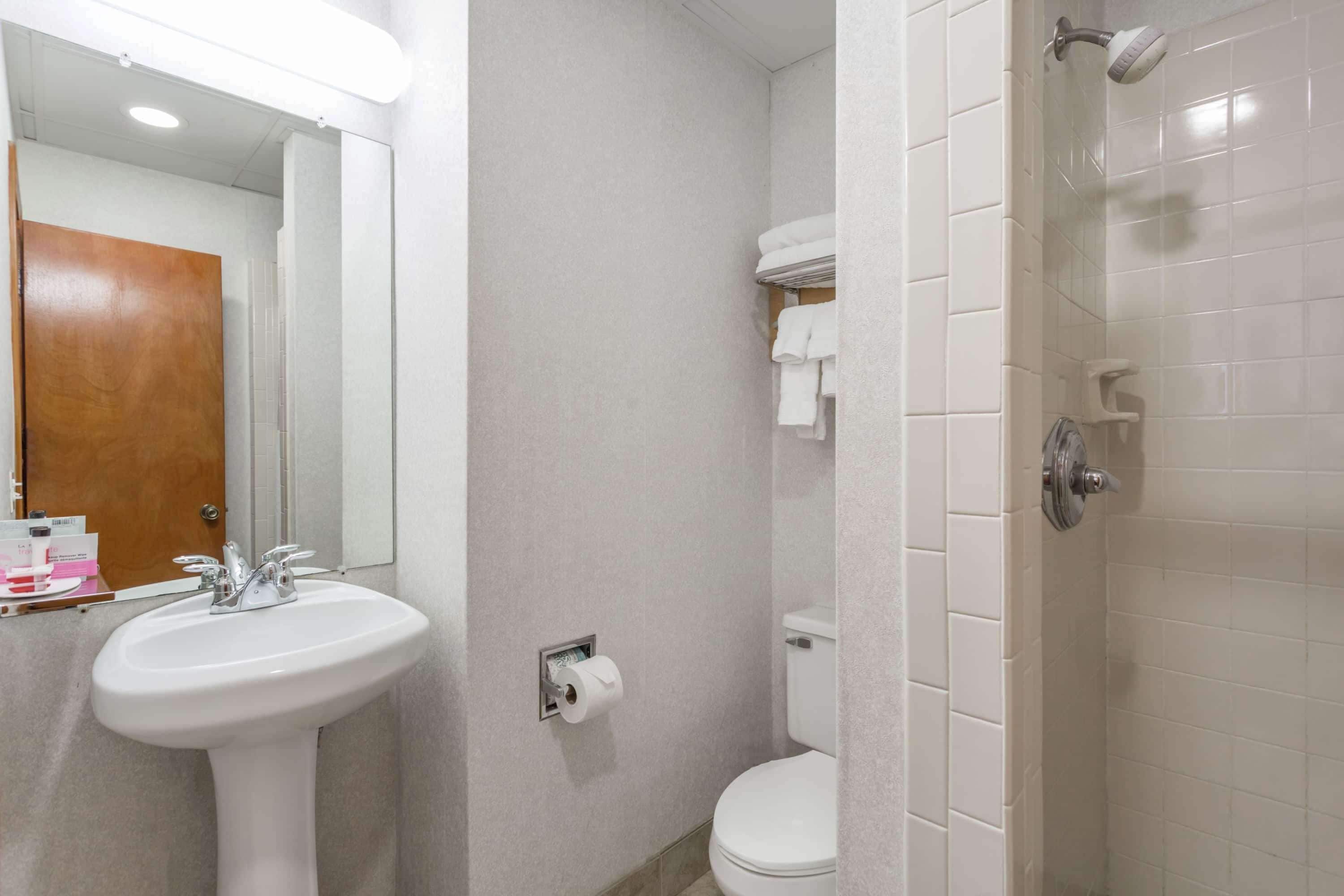 Une salle de bain avec un lavabo, des toilettes et une douche, le tout de couleur blanche.