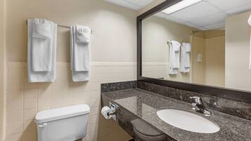 A bathroom with a toilet, sink, and towels on a rack.