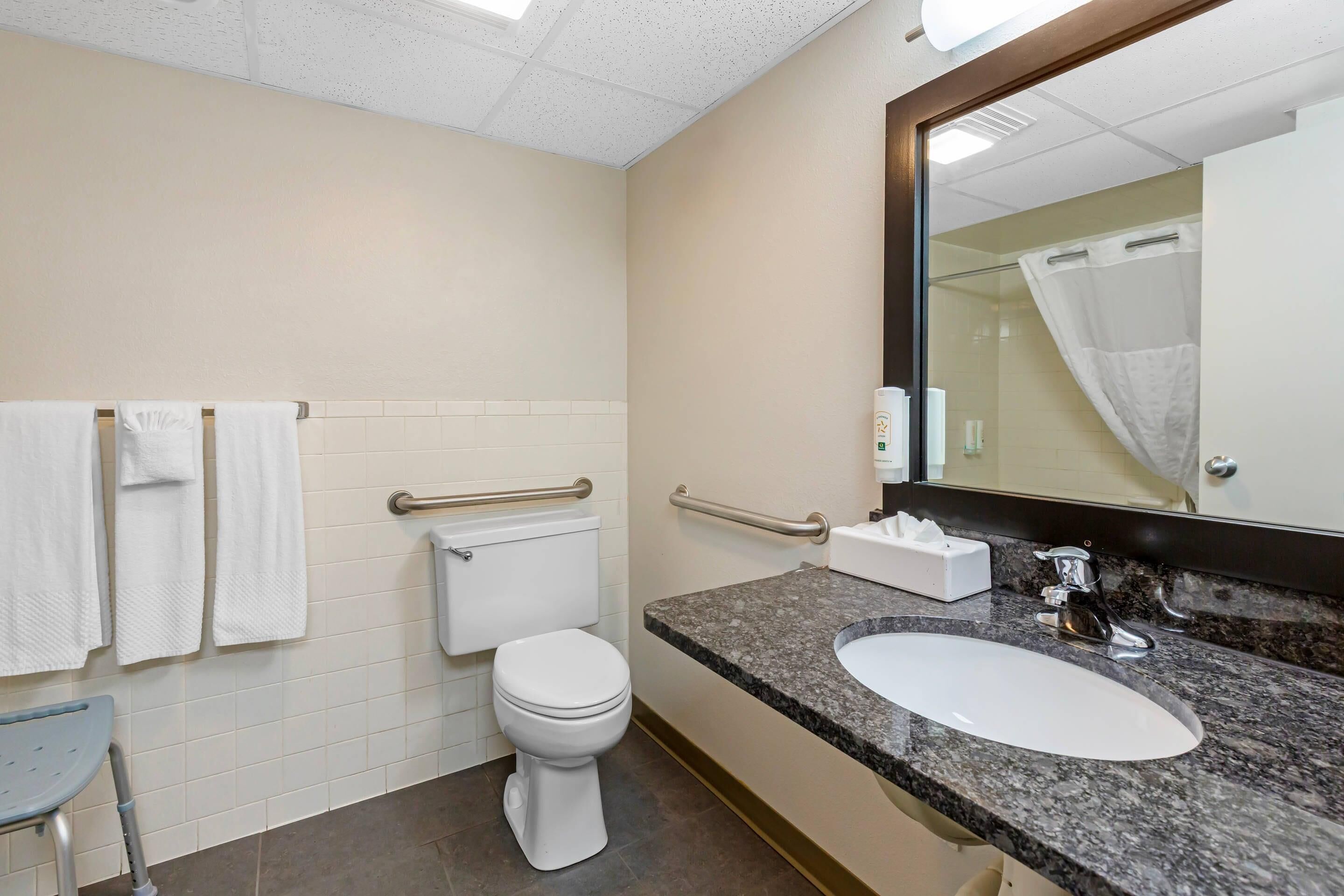 Une salle de bain équipée de toilettes, d’un lavabo et de barres d’appui.
