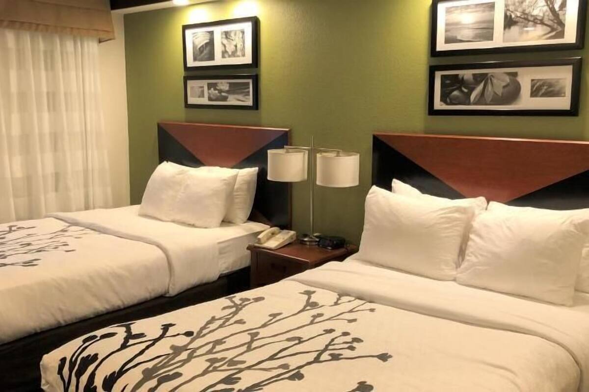 A hotel room with two beds, a nightstand with a lamp, and framed pictures on the wall.