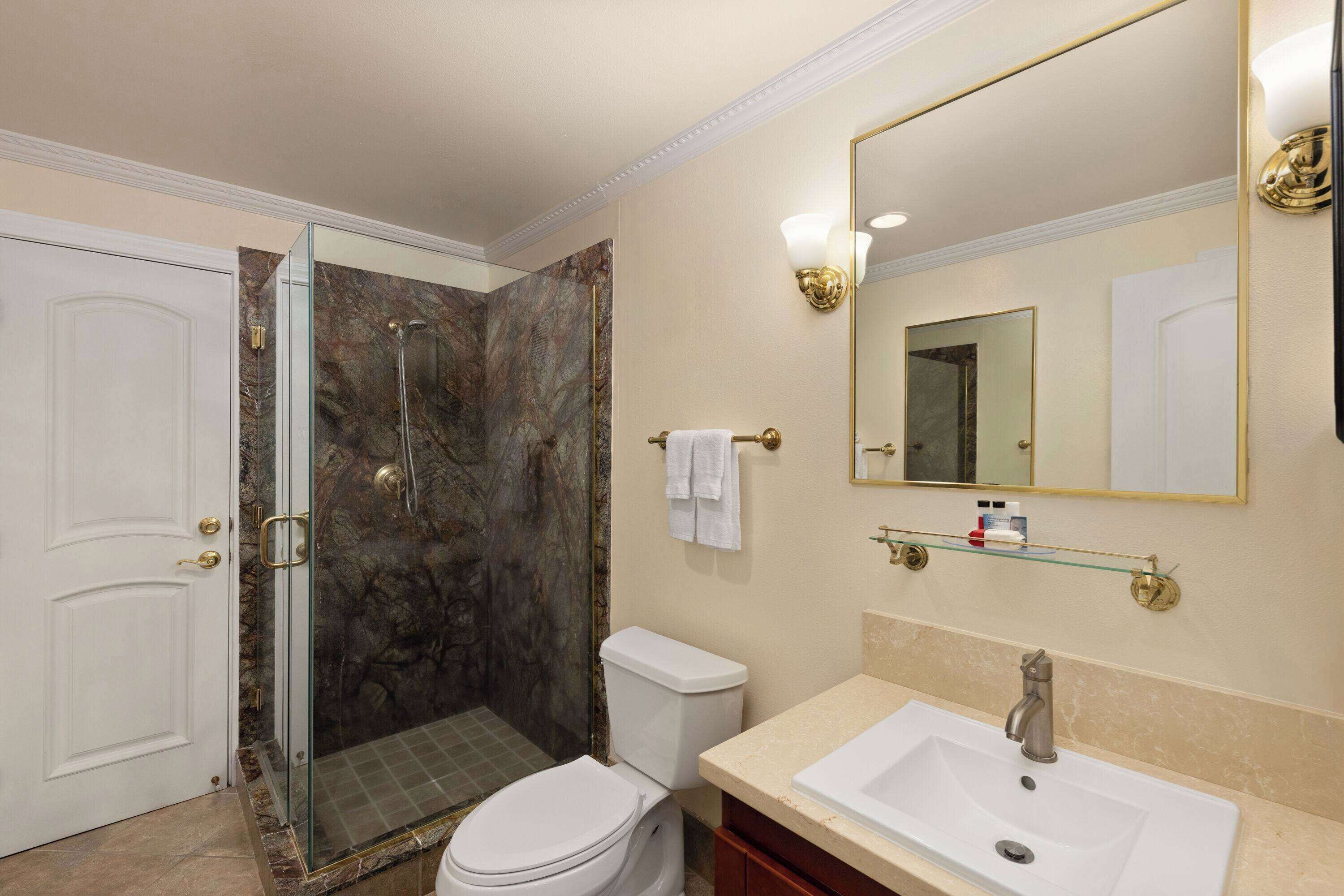 A bathroom with a glass-enclosed shower, a white toilet, a beige sink, and a large mirror.