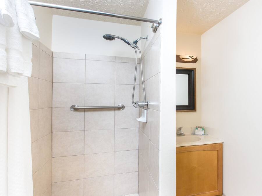 A shower with a grab bar, a towel rack, and a sink with toiletries.