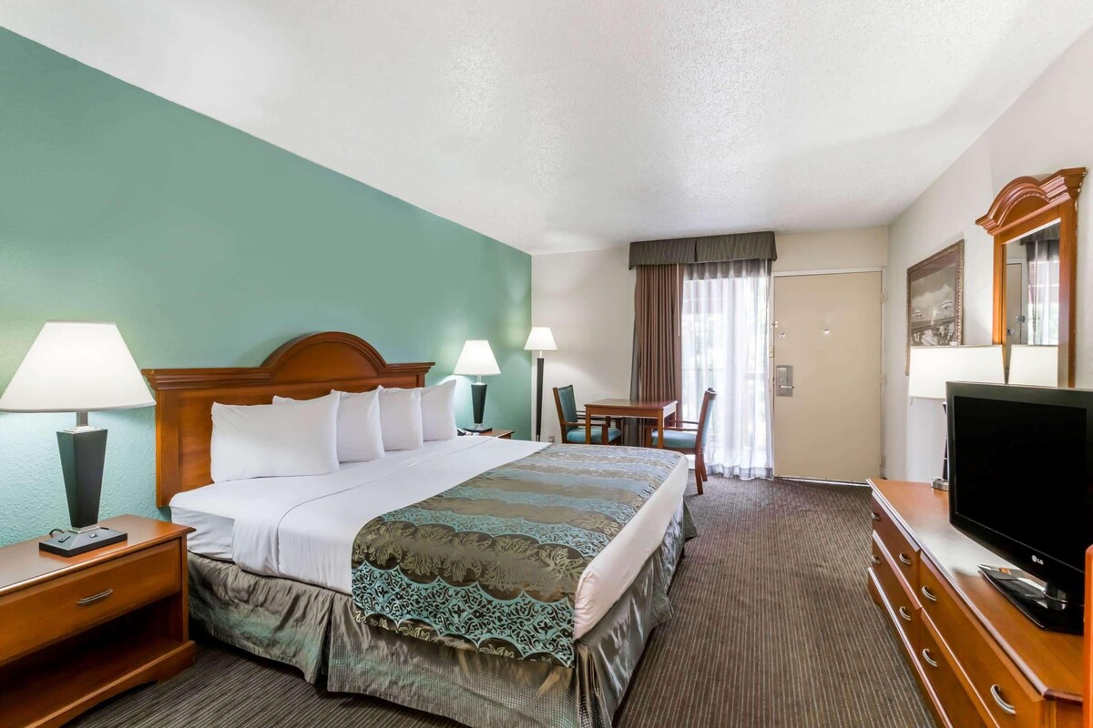 Een hotelkamer met een bed, nachtkastjes, een bureau, een stoel, een televisie en een deur.