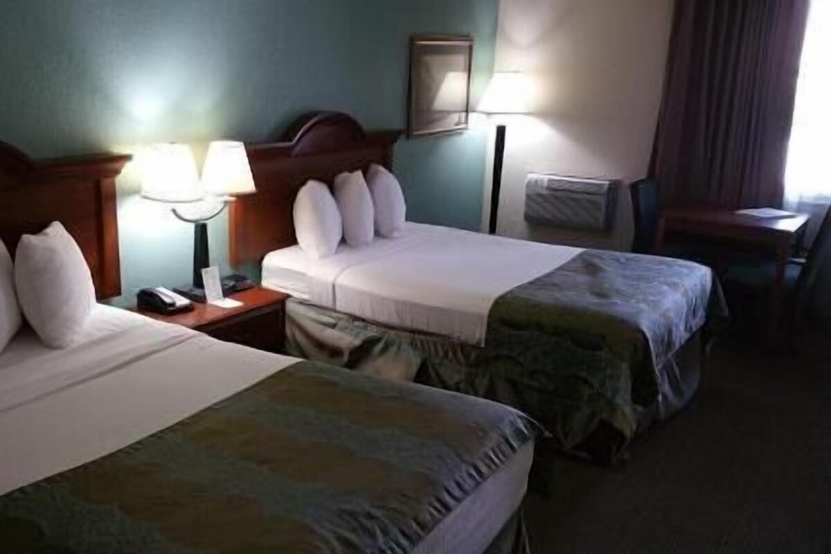 Een hotelkamer met twee bedden, een nachtkastje met een lamp, een bureau en een stoel.