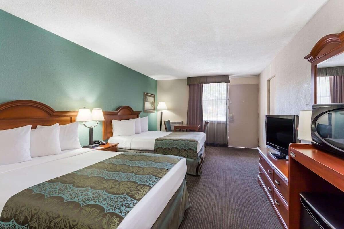 Una habitación de hotel con dos camas, televisión, cómoda y ventana con cortinas.