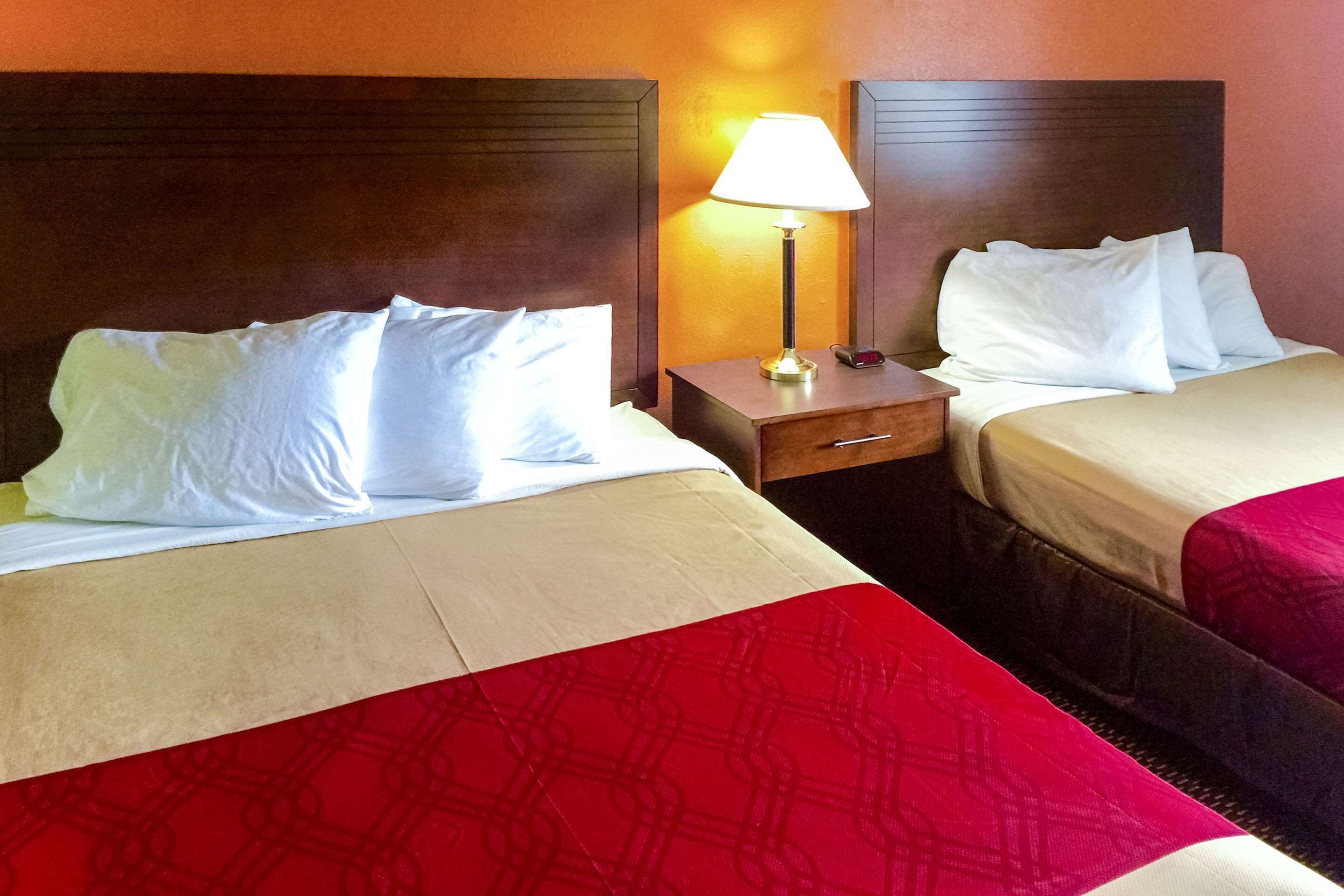 Habitación de hotel con dos camas, cada una con sábanas blancas y una manta roja. Entre las camas hay una mesita de noche con una lámpara.