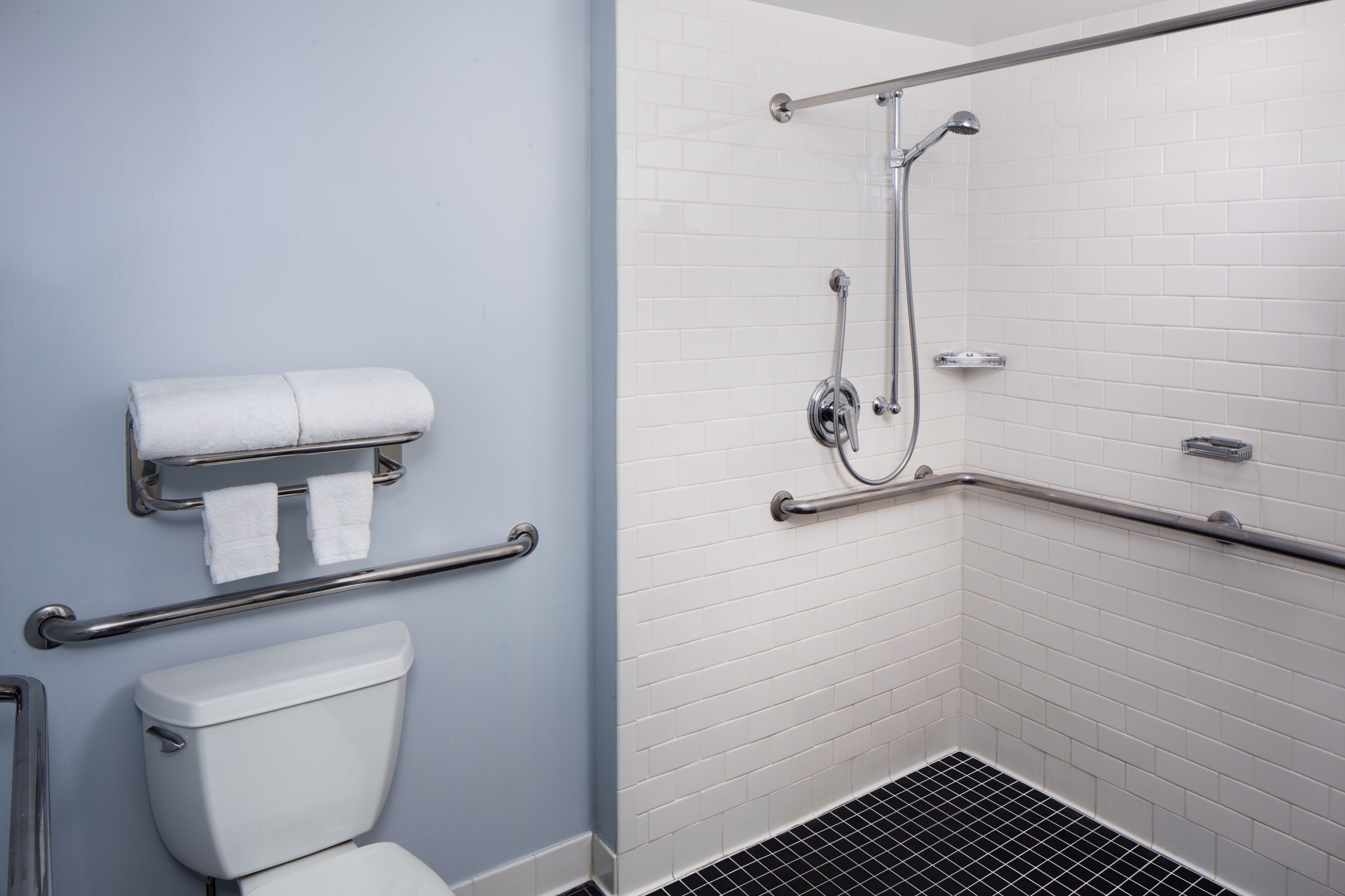 Un bagno con il water bianco, un dispenser di asciugamani, una barra di sostegno e una doccia con soffione a mano.
