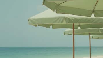Private beach, white sand, free beach cabanas, sun-loungers