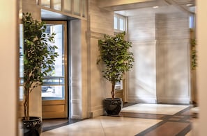 A hallway with a modern design, featuring a potted tree and a door leading to an outdoor area.