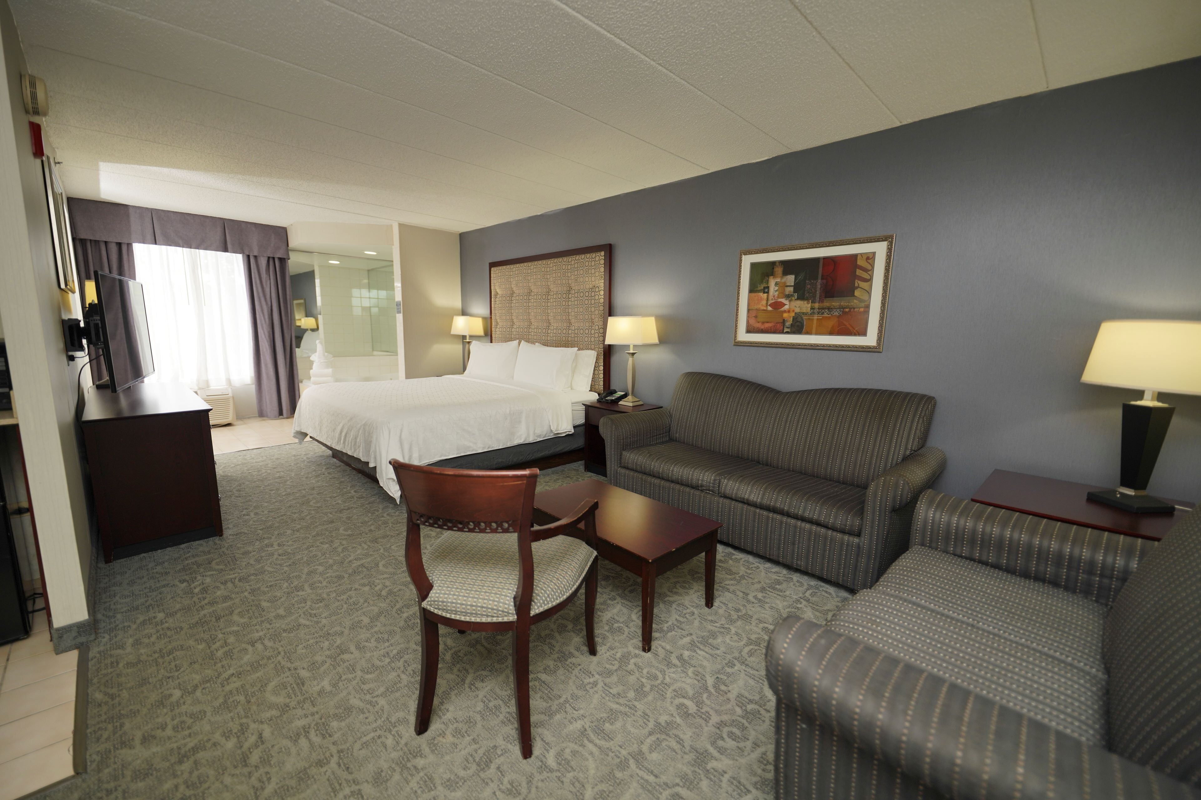A hotel room with a bed, two sofas, a chair, a small table, and a TV.