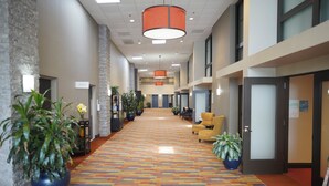 A hotel corridor with a patterned carpet, potted plants, and a seating area with yellow chairs. - Holiday Inn & Suites Chicago-Carol Stream (Wheaton) by IHG (Carol Stream)