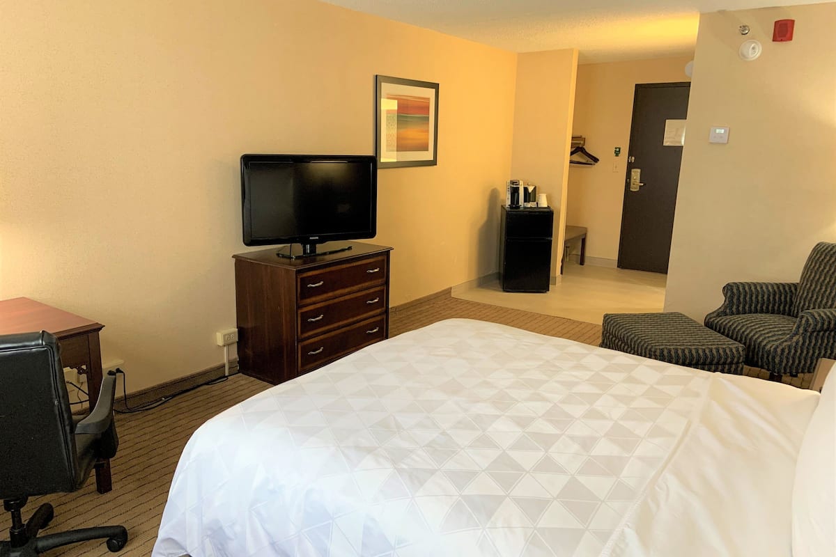A hotel room with a large bed, a television on a dresser, a chair, a desk, and a coat rack.