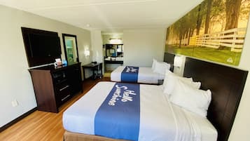 Desk, laptop workspace, blackout curtains, iron/ironing board