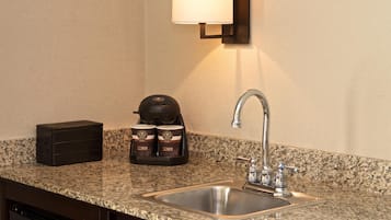 Fridge, microwave, cookware/dishes/utensils