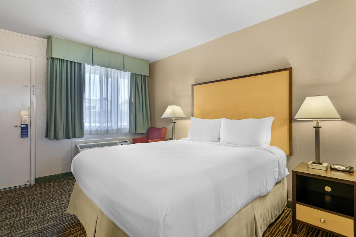 A hotel room with a large bed, two bedside lamps, a red chair, and a window with green curtains.