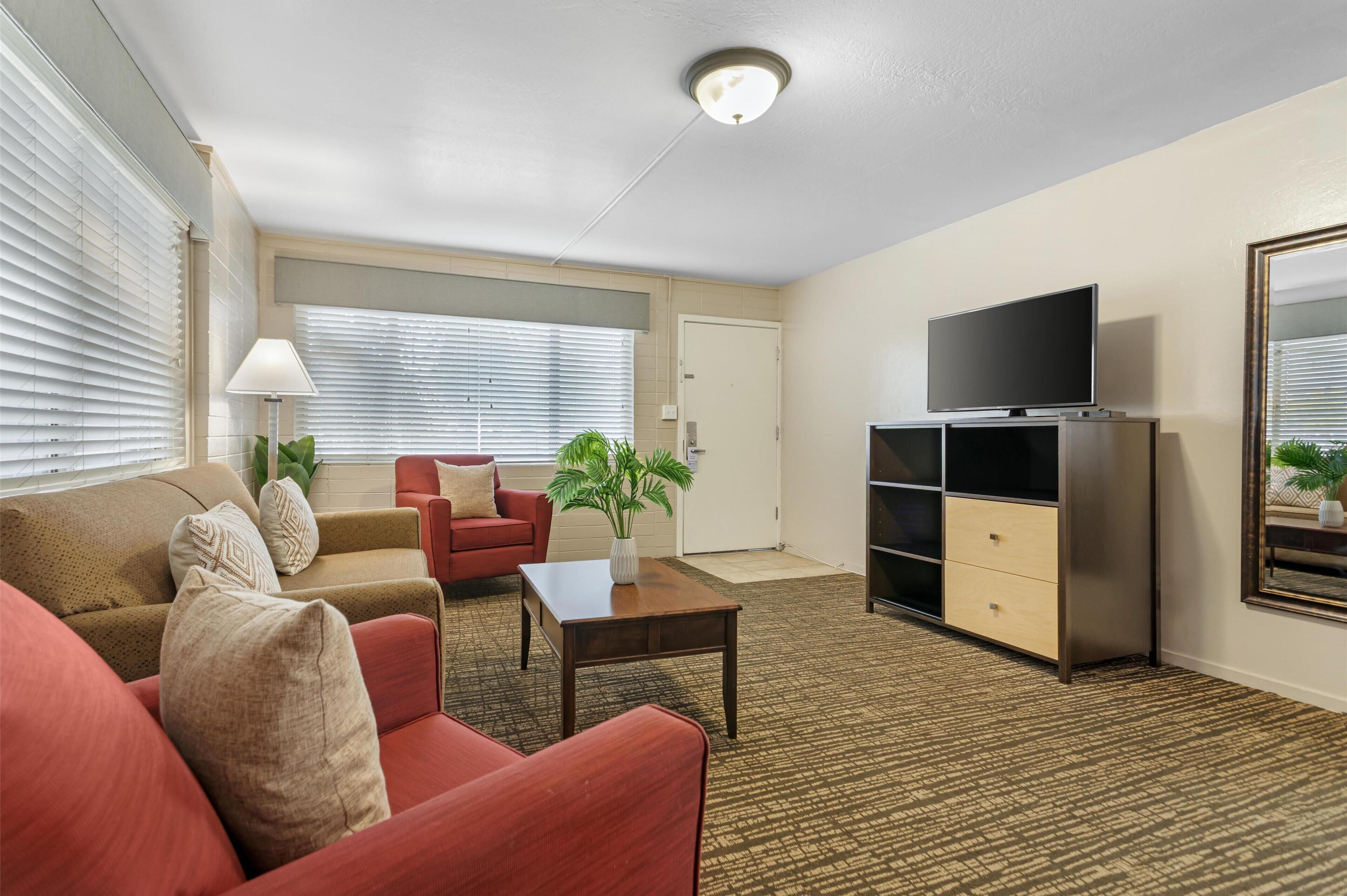 suite, 2 queen beds, non smoking, kitchen (separate living room) | desk, laptop workspace, iron/ironing board, wifi