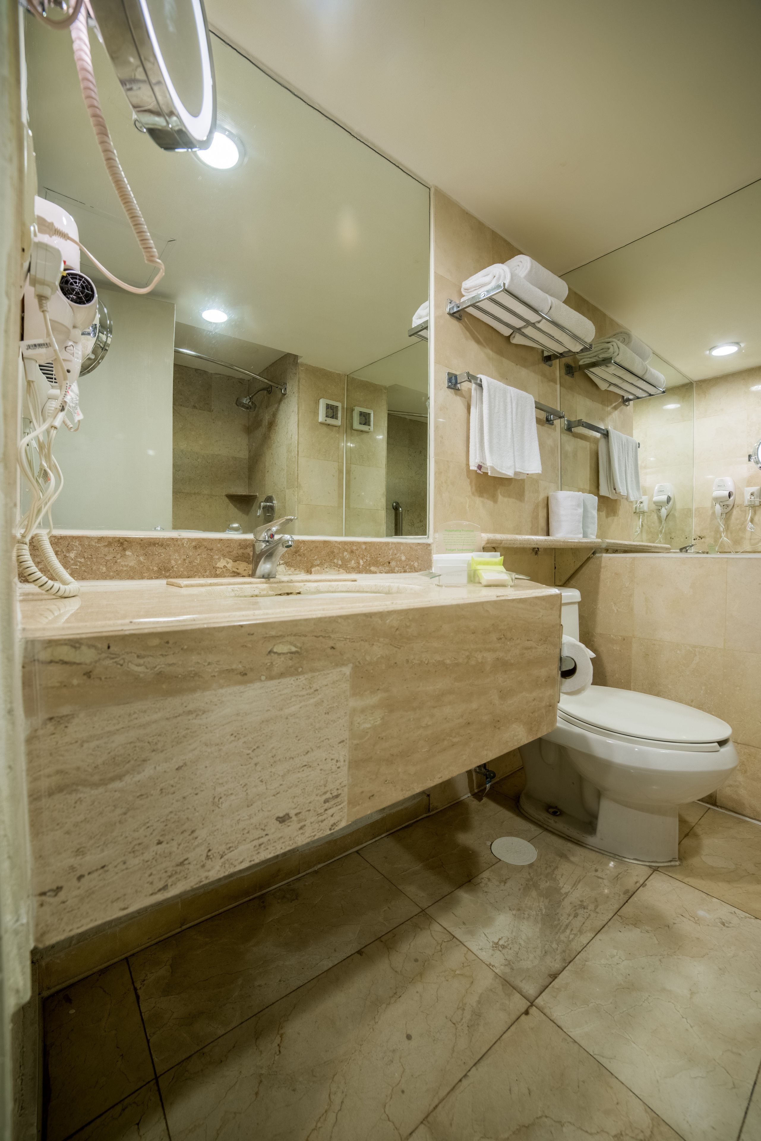 A bathroom with a marble countertop, a sink, a toilet, and a mirror.