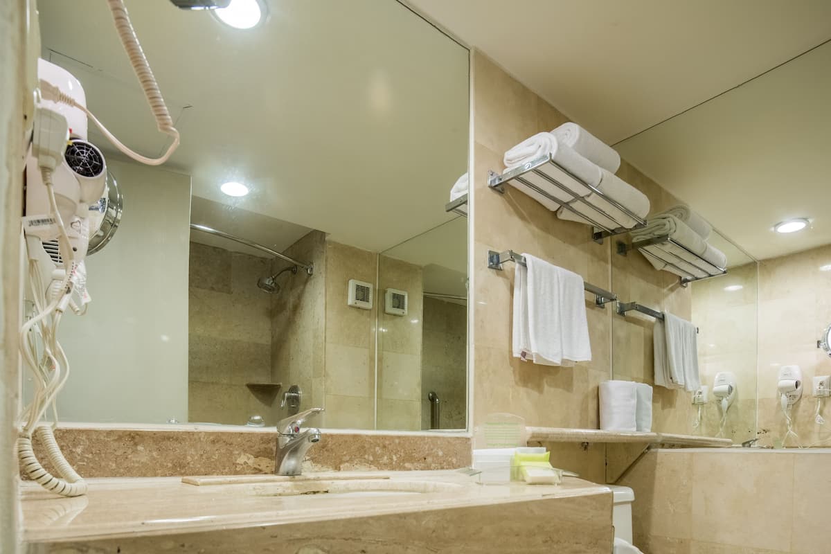 A bathroom with a marble countertop, a sink, a toilet, and a mirror.