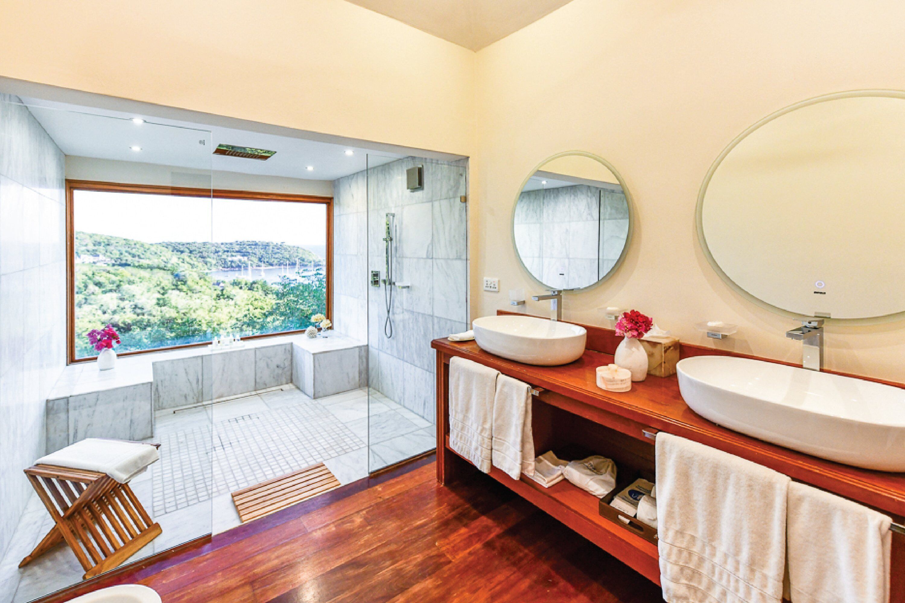 hillside pool suite | bathroom | shower, designer toiletries, hair dryer, bathrobes