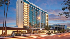 Een modern hotel met een opvallend “Hilton”-bord, meerdere verdiepingen en een goed verlichte gevel.