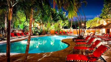 Outdoor pool, open 7:00 AM to 10:00 PM, pool umbrellas, sun loungers