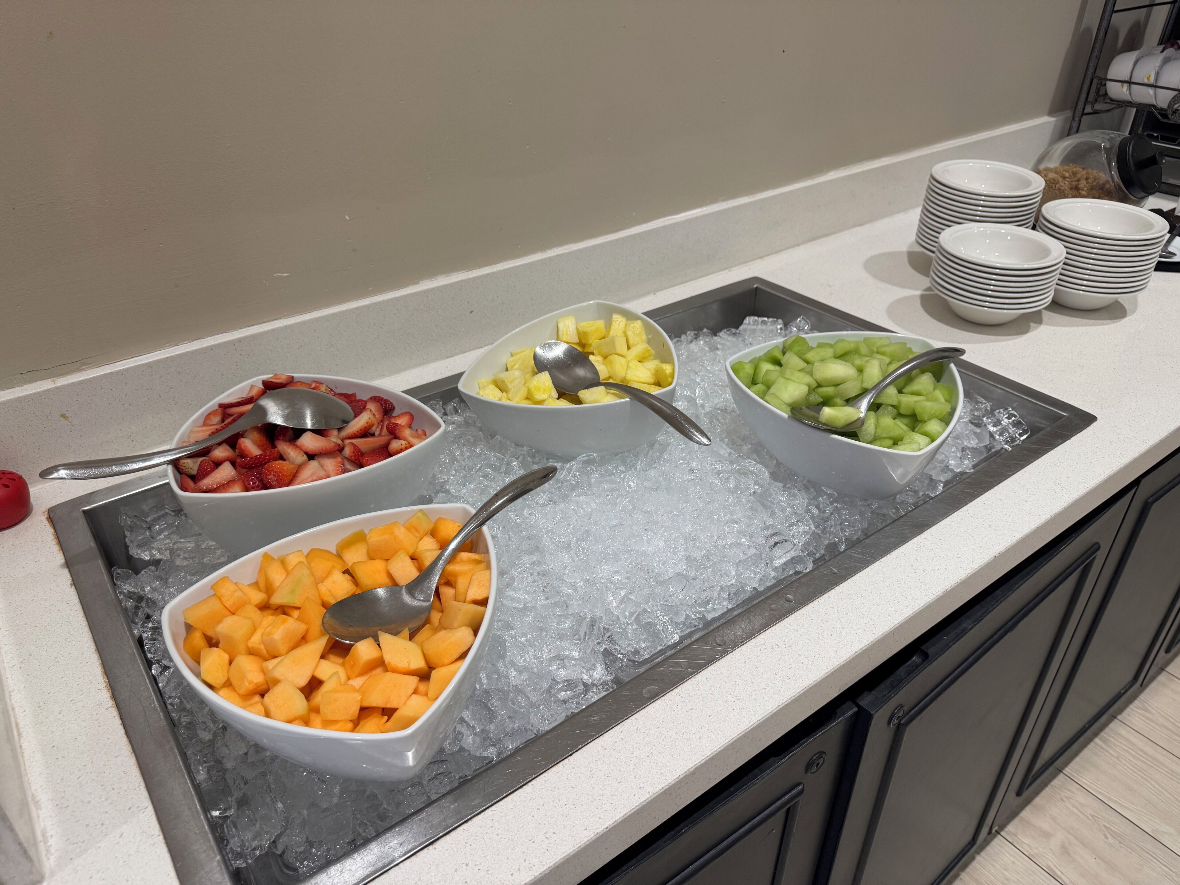 A buffet with bowls of strawberries, pineapple, melon, and cantaloupe on ice.