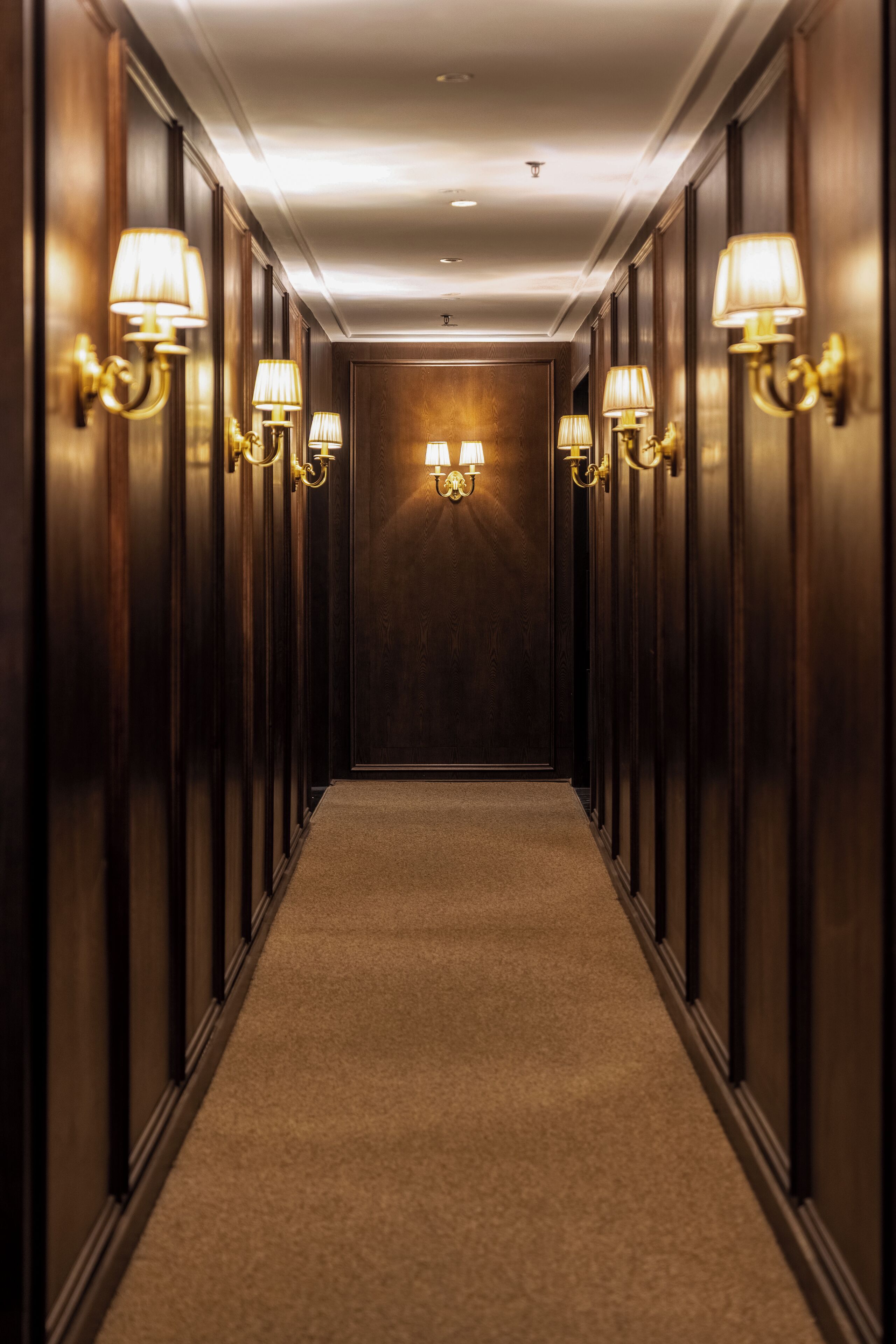 A hallway with dark wood paneling, carpeted floor, and wall-mounted lamps.