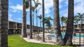 Hotel com piscina, palmeiras e área de pátio cercada.