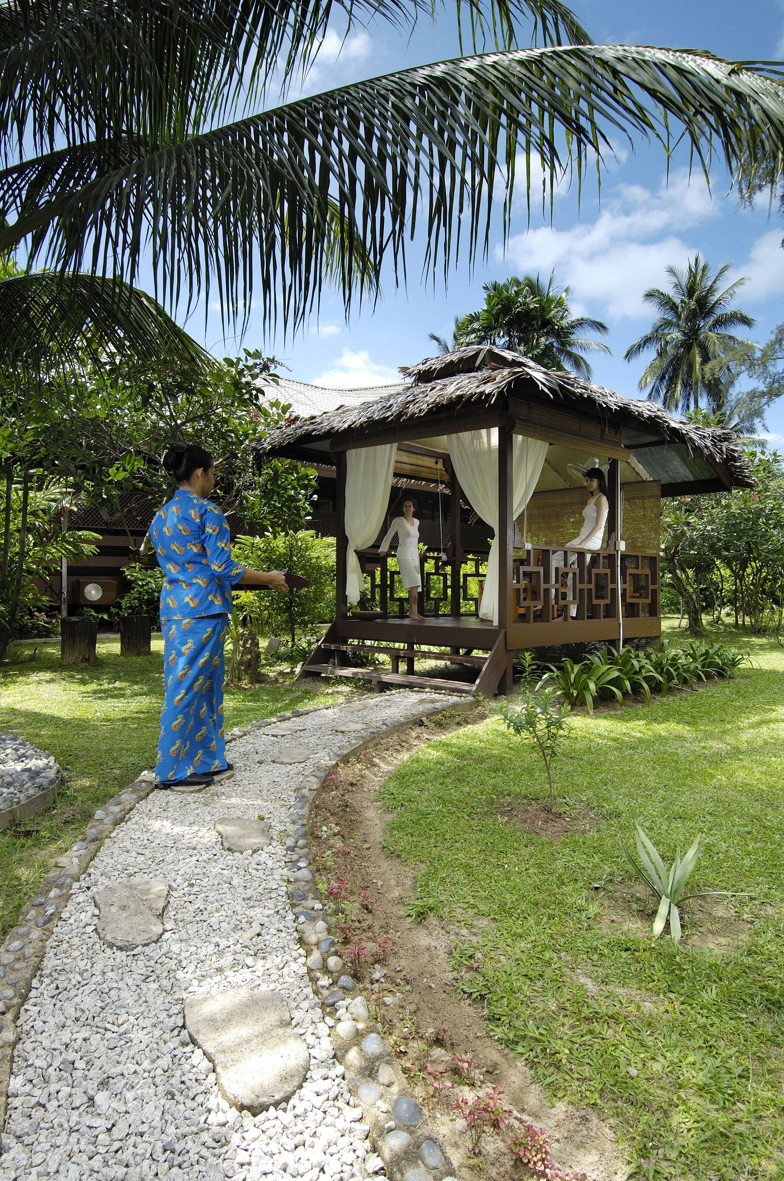 A pathway leading to a wooden structure with a thatched roof, surrounded by lush greenery and palm trees.