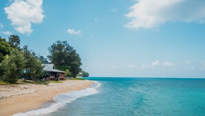 A beachfront property with a house and a sandy beach.