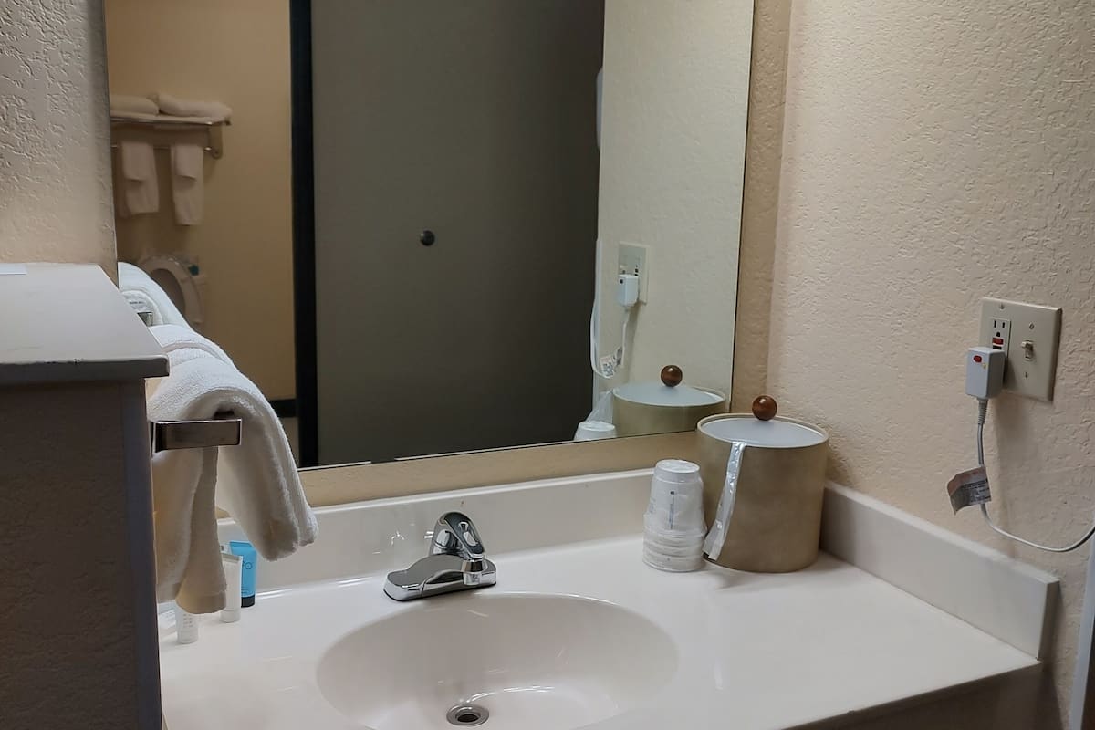 combined shower/bathtub, free toiletries, hair dryer, towels