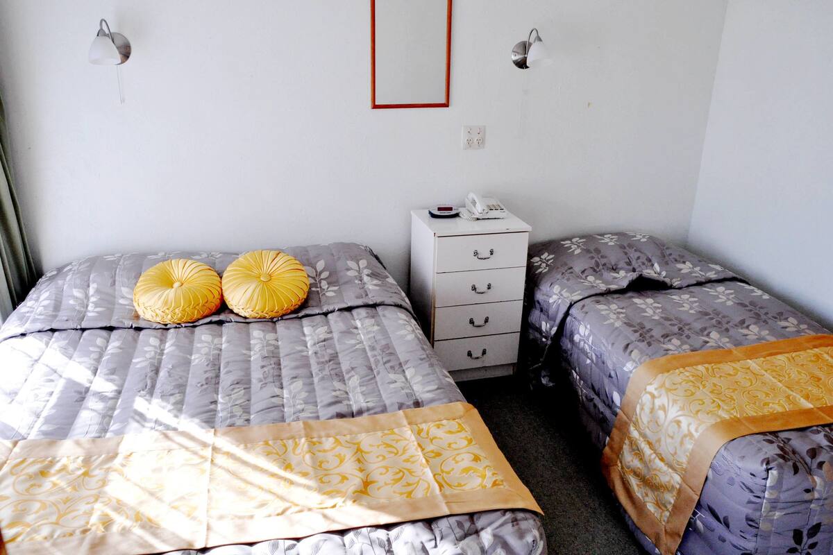 A bedroom with two beds, each with a patterned duvet and a bedside table with a lamp.