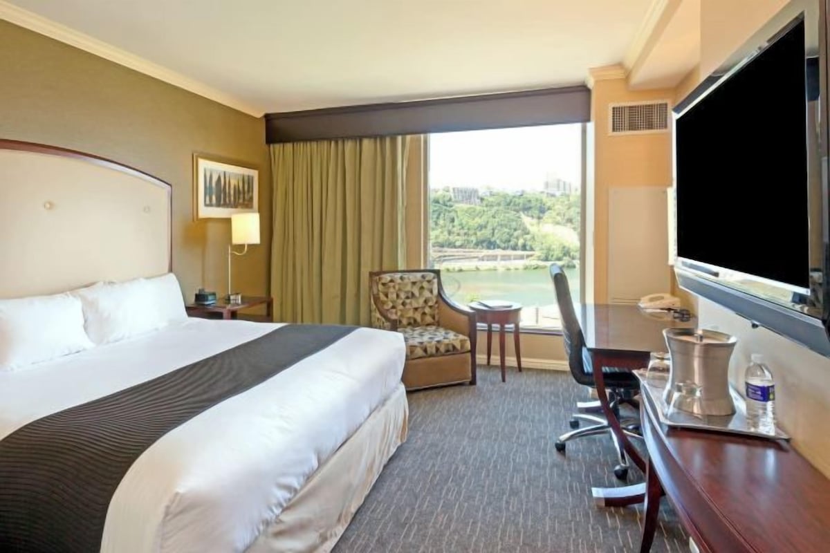 A hotel room with a large bed, a desk with a chair, a television, and a view of a park through the window.