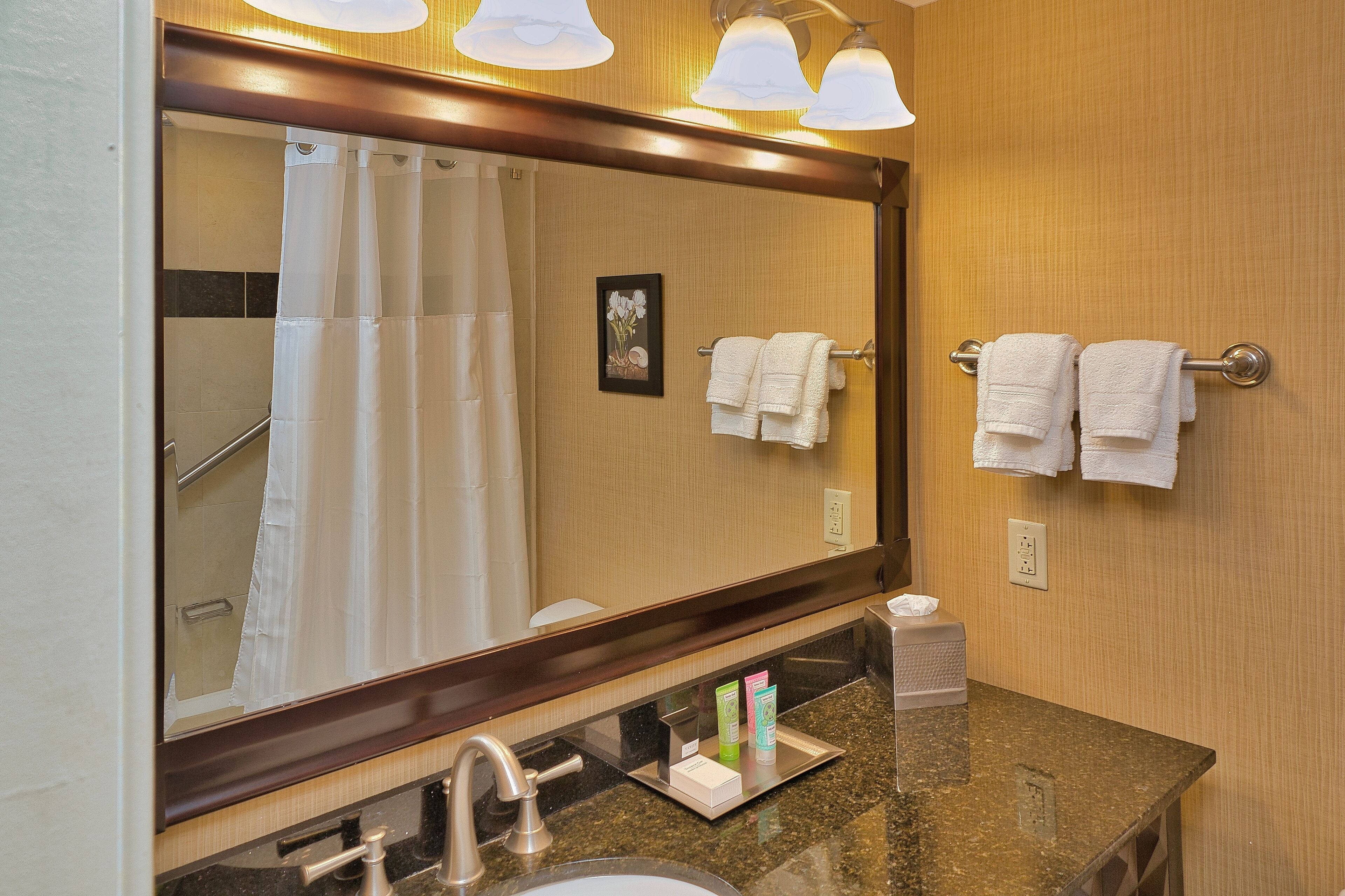 A bathroom with a large mirror, a sink, and a towel rack.