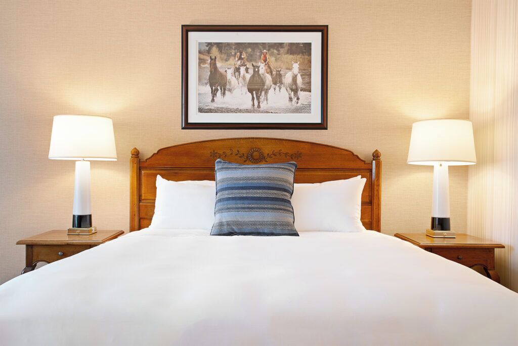 Une chambre d’hôtel avec un grand lit, deux lampes de chevet, un tableau encadré au mur et un coussin à motifs.