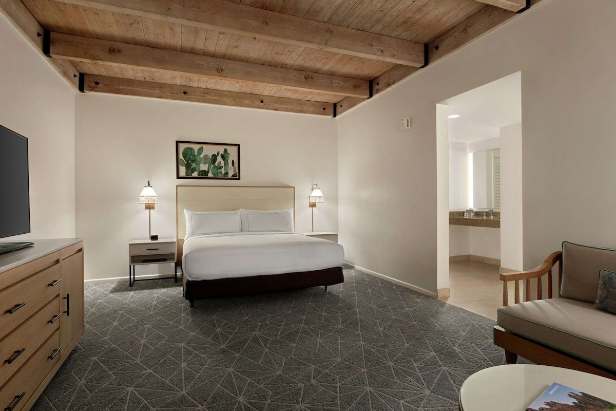 Une chambre à coucher avec un lit, des tables de chevet, une télévision, un canapé et une petite table.
