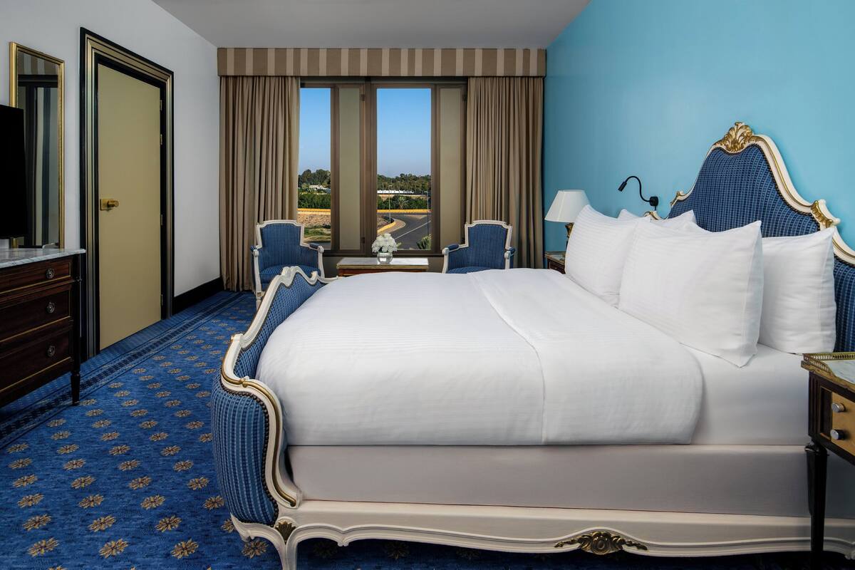 A hotel room with a large bed, two chairs, a desk, and a view of the outdoors.