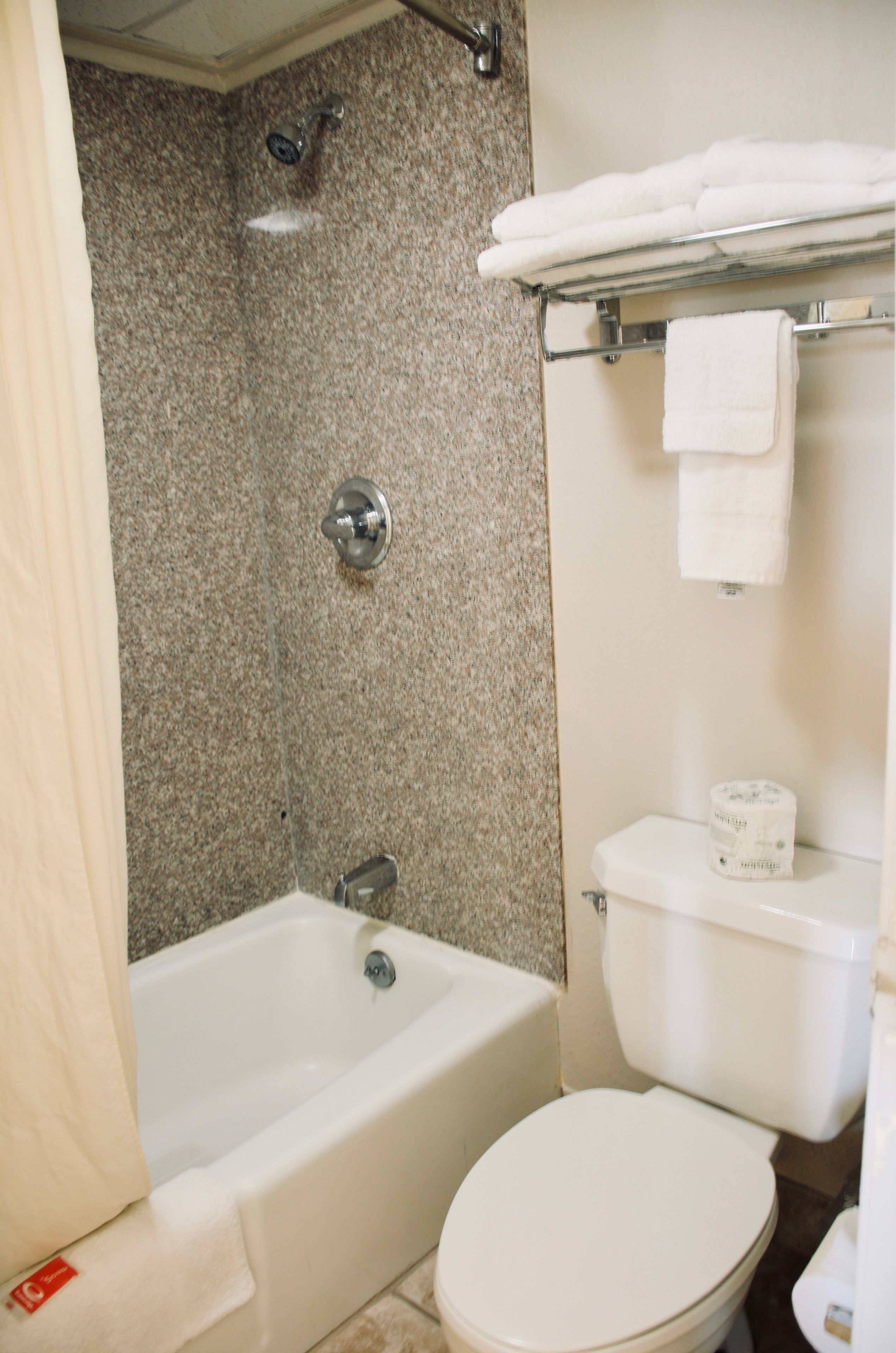A bathroom with a bathtub, toilet, and shower.