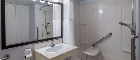 Un baño moderno con un lavamanos blanco, un espejo grande, un cabezal de ducha de mano y una barra de apoyo.