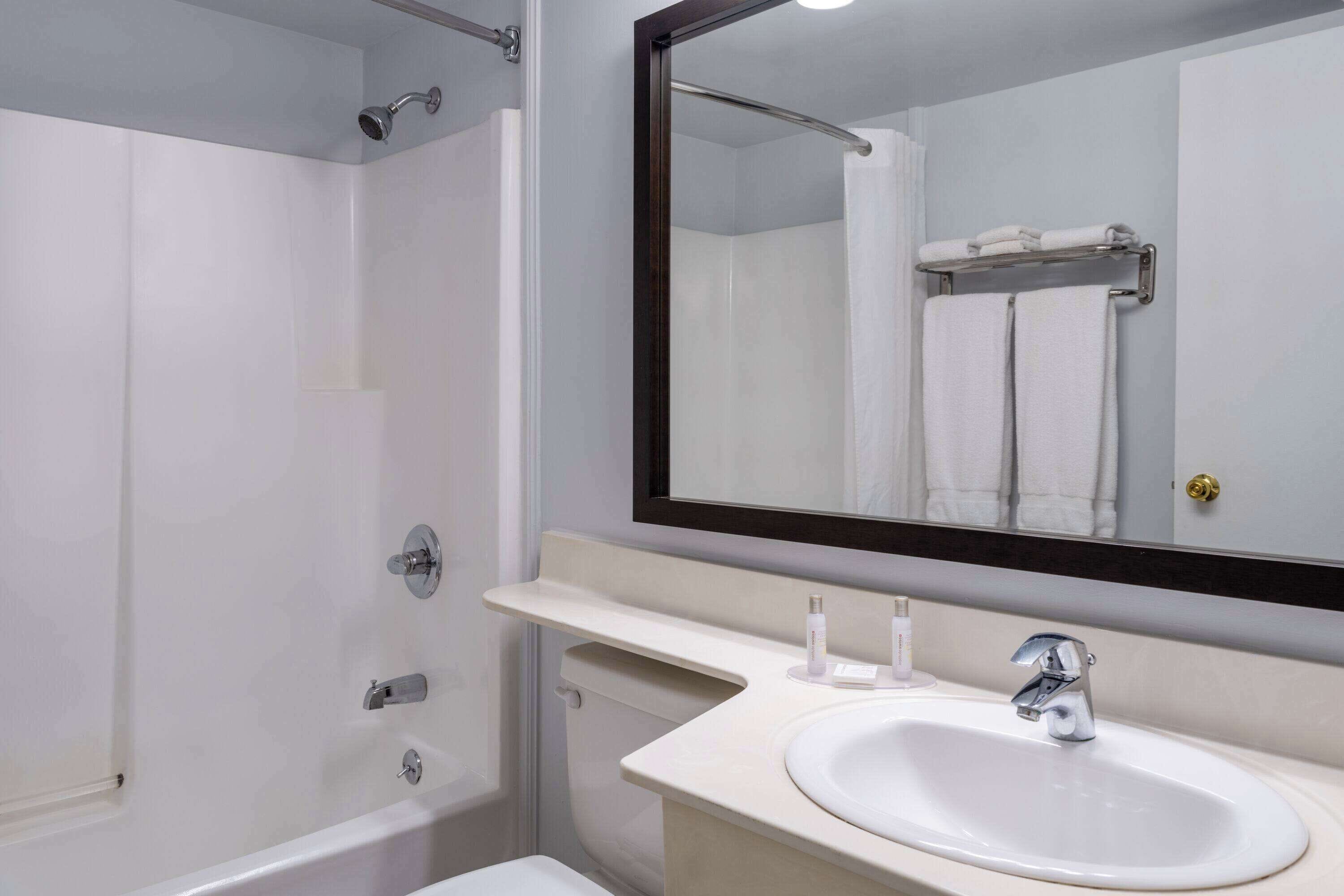 combined shower/bathtub, free toiletries, hair dryer, towels