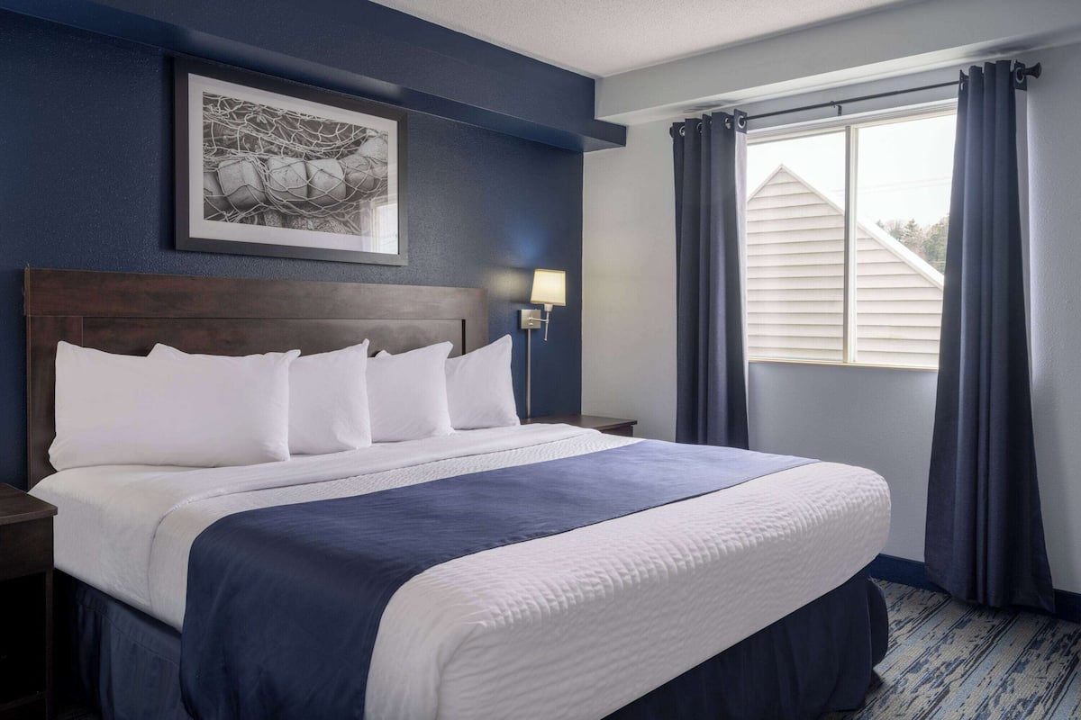 A neatly made bed with white and navy bedding, a framed artwork above it, a bedside lamp, and a window with curtains.