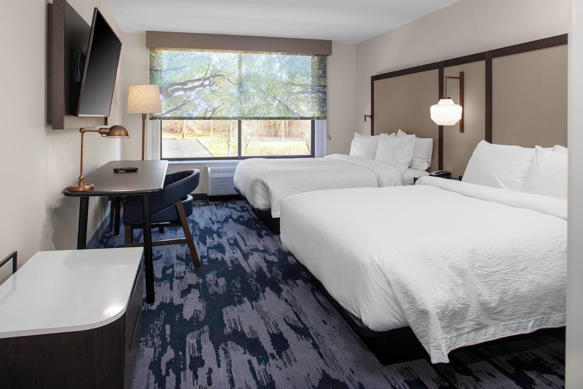 Room, 2 Queen Beds, Non Smoking | Desk, laptop workspace, blackout drapes, iron/ironing board