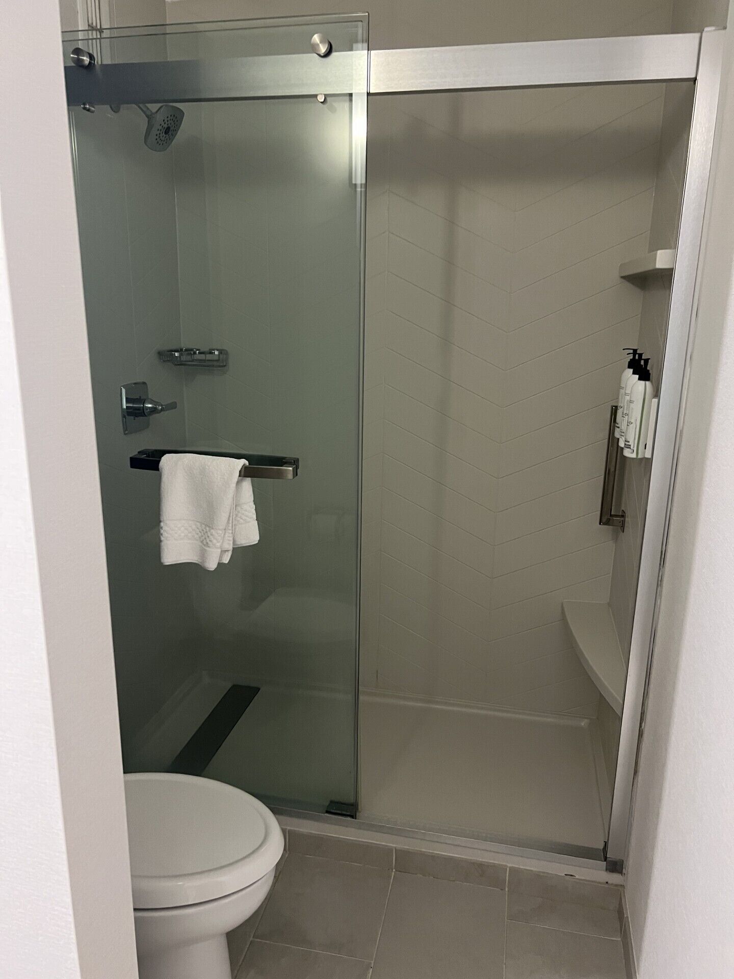 A modern bathroom with a glass-enclosed shower, a toilet, and a towel rack.