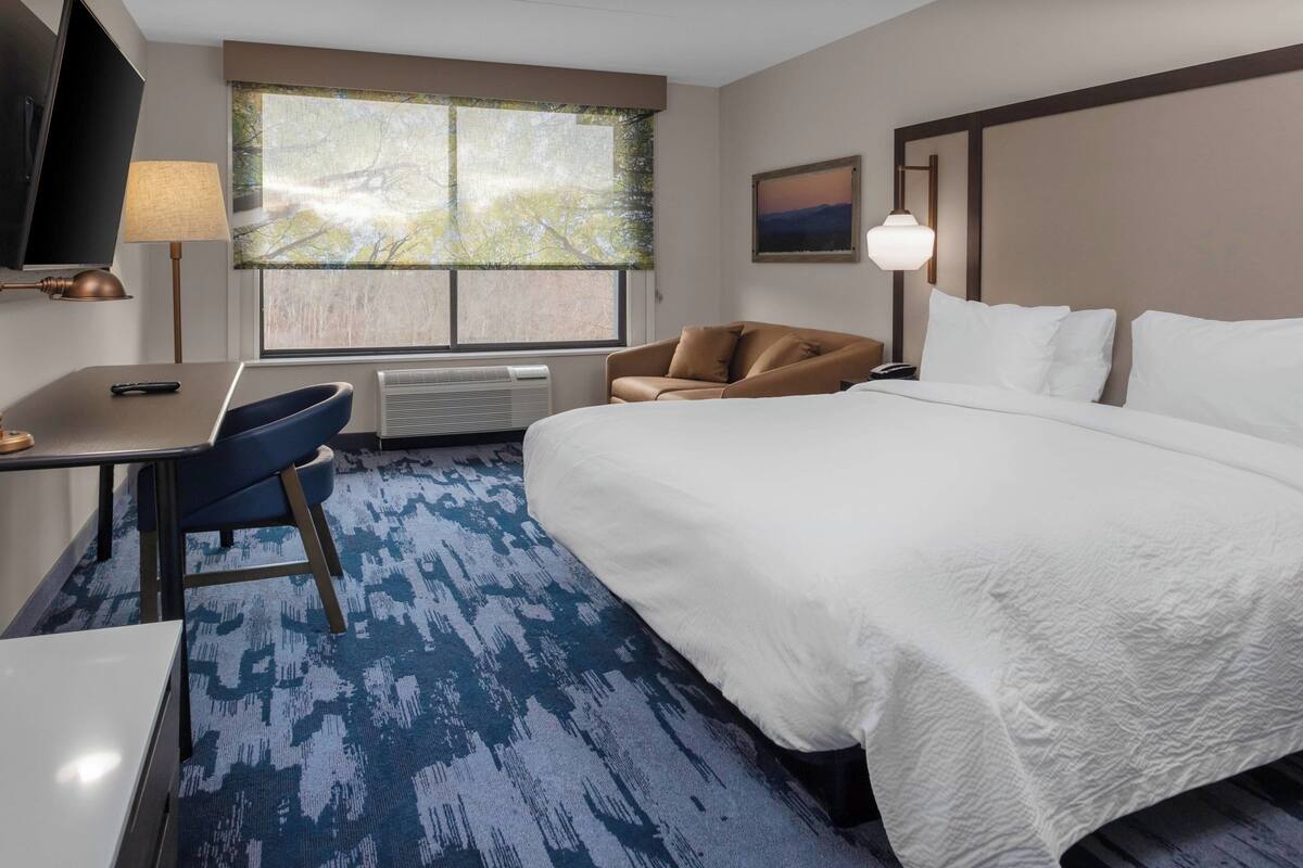 A hotel room with a large bed, a desk with a chair, a TV, a lamp, and a window with a view of trees.