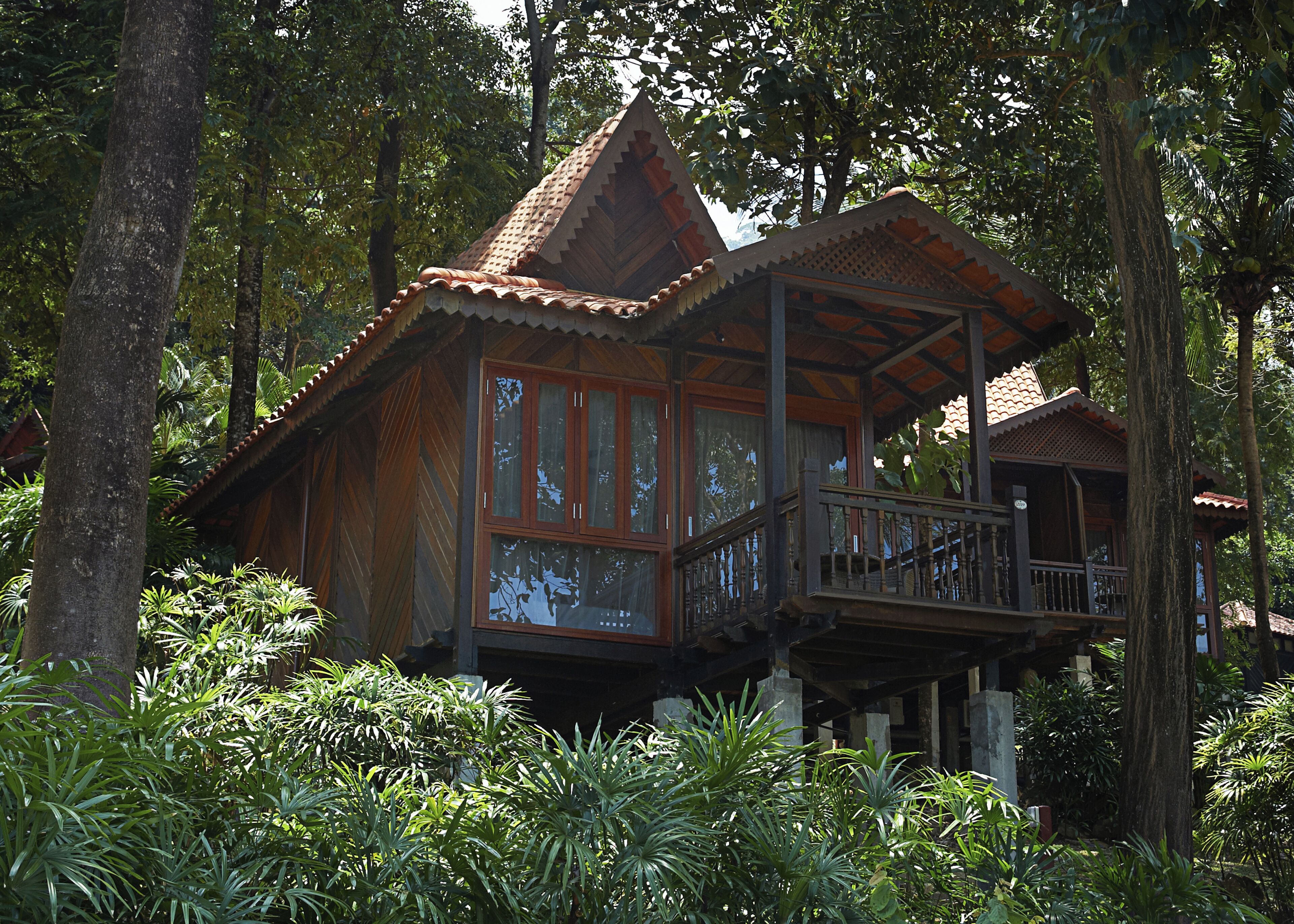 A wooden house with a balcony, surrounded by dense foliage.
